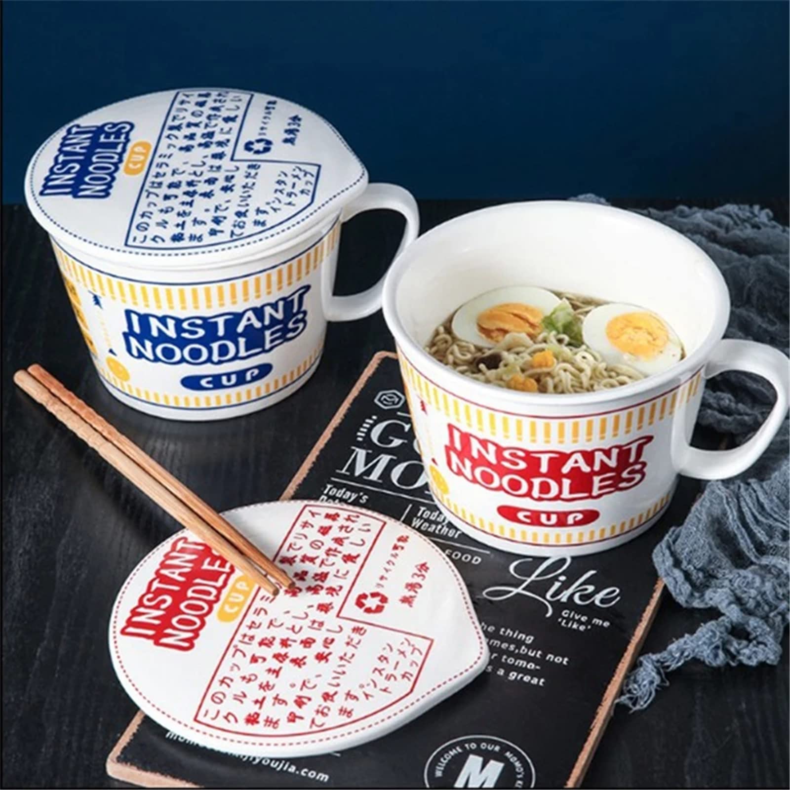 1000ml japanische Instant-Nudelschüssel, Tasse und Schüssel Instant-Nudeln, Mikrowellen-Keramik-Nudeln, Instant-Nudelschüssel mit großem Fassungsvermögen mit Deckel, Geschirr mit Griff