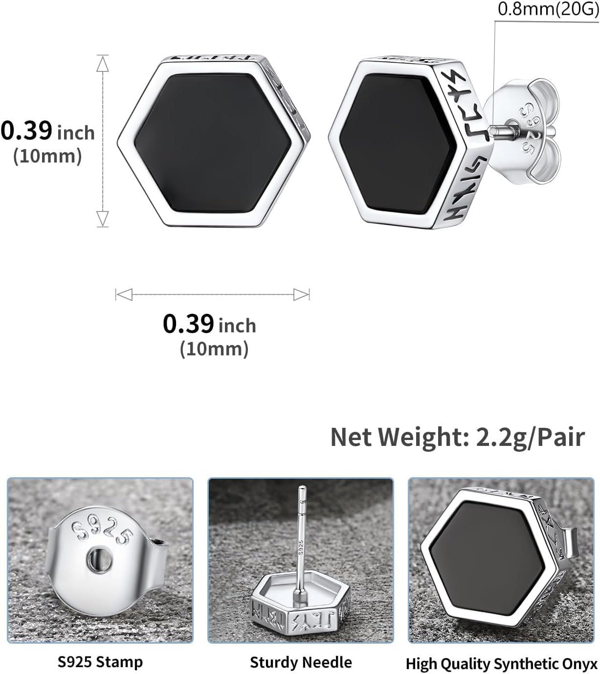 U7 925 Sterling Silver Black Onyx Stud Earrings with Viking Rune Cubic Zirconia Earrings for Men Women