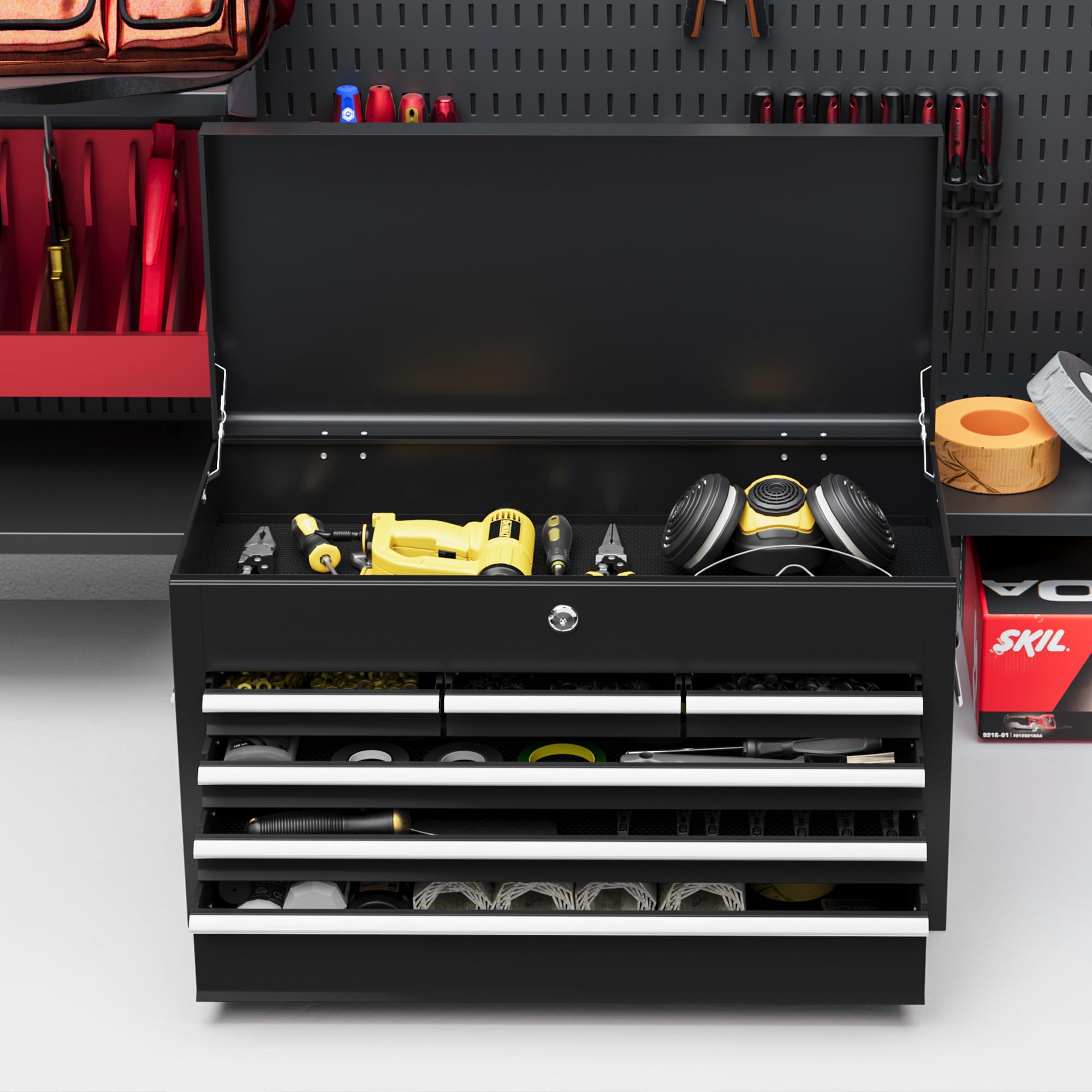 HOMCOM Cassetta Porta Attrezzi a 6 Cassetti con Serratura, Cassettiera per Attrezzi in Acciaio con Guide a Sfera e 2 Maniglie, 60x26x34 cm, Nero