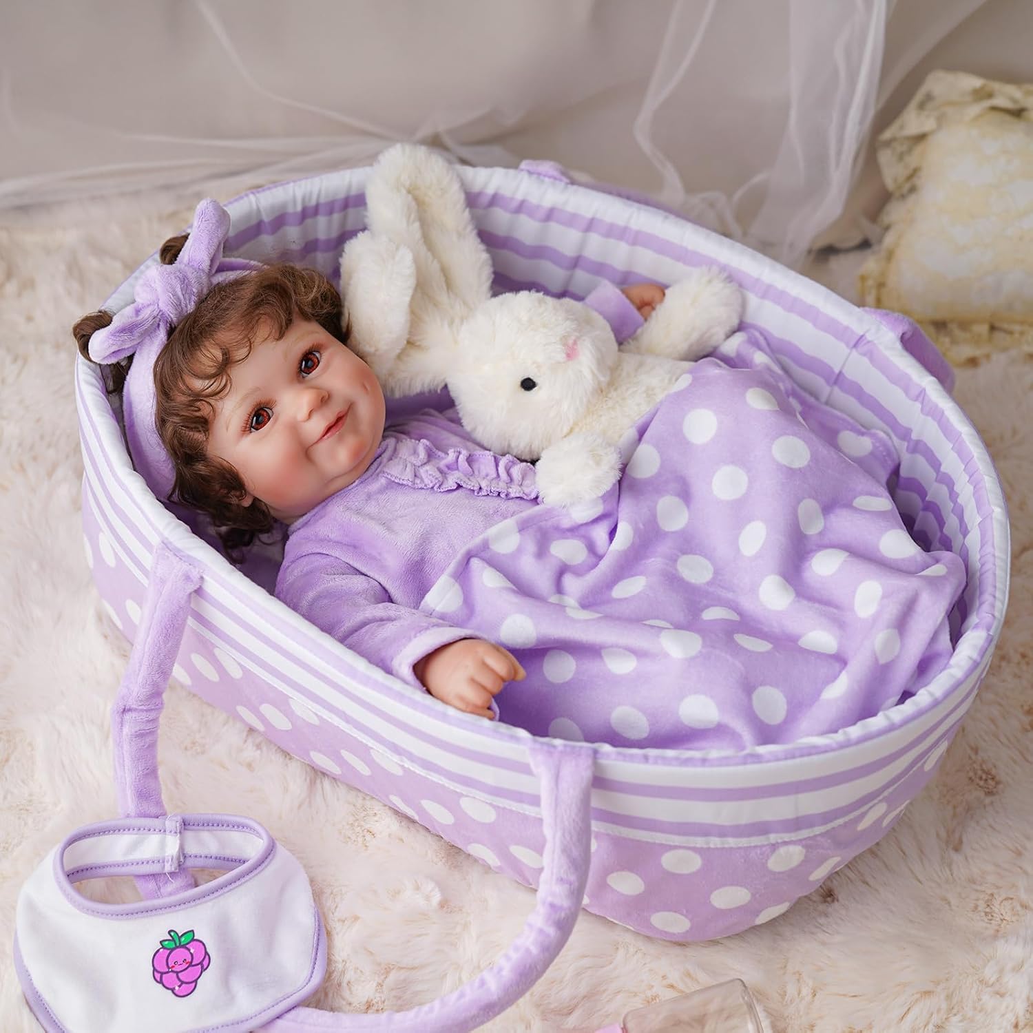 BABESIDE 8 Pcs Reborn Baby Doll Clothes with Bassinet for 17-22 Inch Babydolls, Reborn Baby Doll Accessories fit Dolls Girls, Baby Dolls Clothes for Realistic Dolls,Toy Gift for Kids
