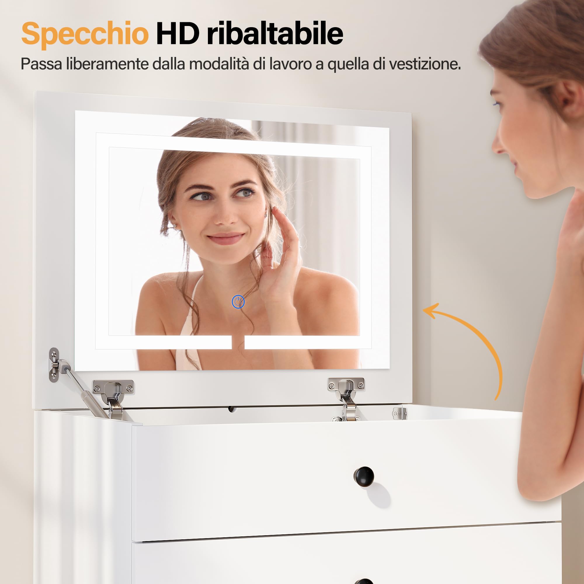 SONNI Toletta Con Luci E Cassetti Per Camera Da Letto, Armadio 2 In 1 Design, Bianca Con Sgabello E Specchio Pieghevole, 60x83x45cm