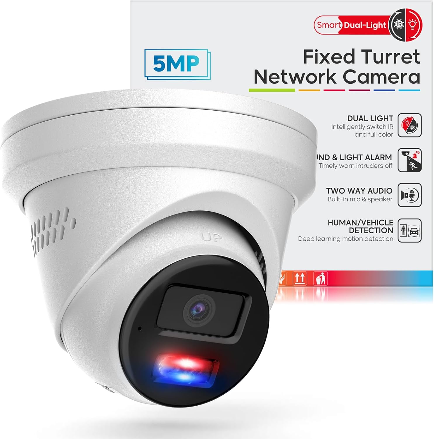 5MP PoE IP Turret Camera, PoE Camera Outdoor w/Red-Blue Alarm Lights & Sound, 98FT Smart Color Night Vision, 2-Way Audio, AI Human/Vehicle Detection, Full Metal IP67, 114Wide Angle
