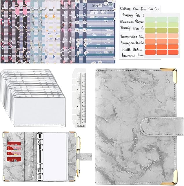 Budget Binder, A6 PU Leather Money Saving Wallet, Refillable Ring Binder Notebook, with 12pcs Zipper Binder Pockets, Budget Sheets and Label Stickers, Cash Envelopes Organzier for for Budget Planner