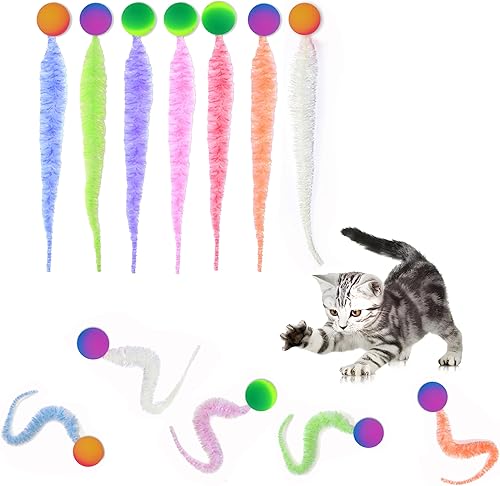 Miniatura 5 de Pelota hinchable con cola para gatos, paquete de 10, juguetes de gusano mullido para gatos, juguete de bola inflable para gatos de interior (10