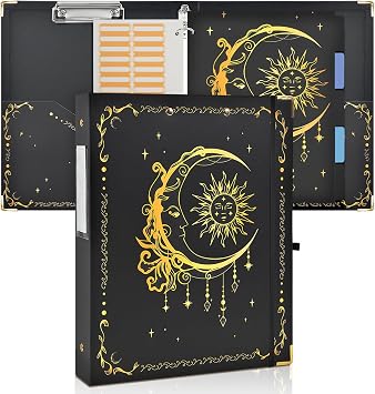 3 Ring Binder 1 Inch Three Ring Binder Cute Binder Fits A4 Paper Decorative Clipboard Binder with 5 Tab Dividers for School Office SuppliesBlack Gold Sun Moon