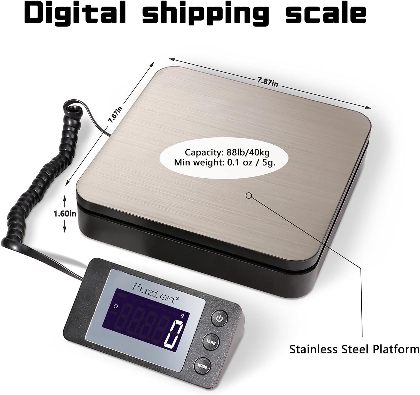 Fuzion Digital Shipping Scale 88lb × 0.1oz, Durable Stainless Steel Postal Scale with Tare, 4 Weighing Modes, Shipping Scale for Packages, Postage Package Scale with AC Adapter