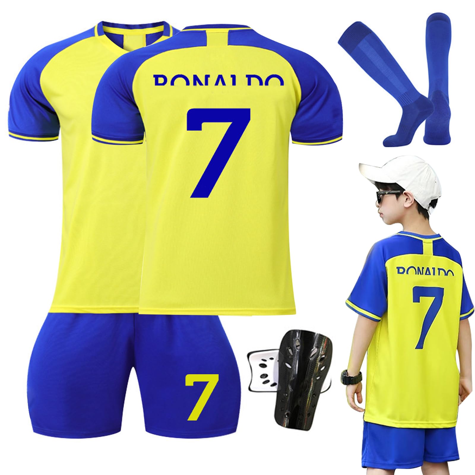 Ronronner Conjunto de fútbol para niños, con camiseta, pantalones cortos y calcetines, camiseta amarilla de manga corta con el n.º 7, para adultos y niños, Jersey-22