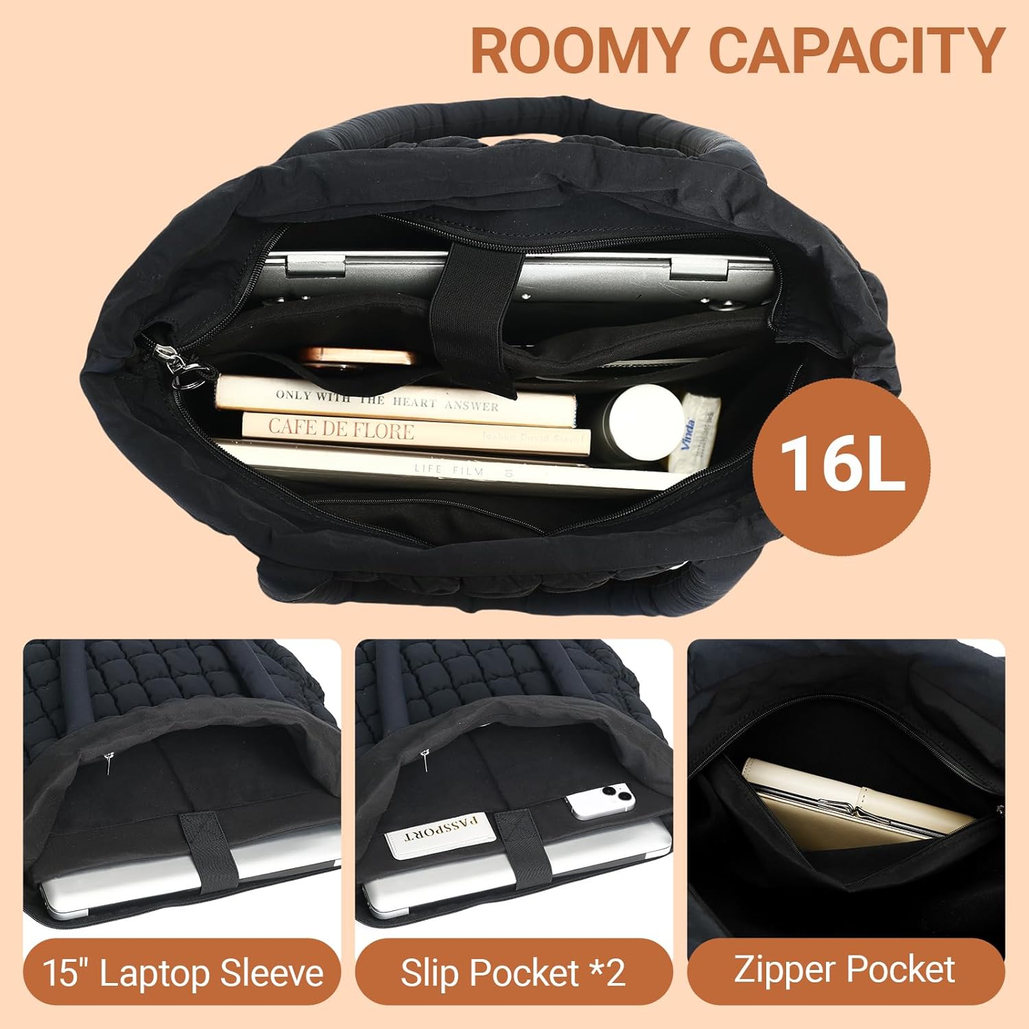 Herald Quilted Puffer Tote Bag for Women, Bubble Puffy Handbag with Compartments, Shoulder Purse for Work Travel Gym - Image 6