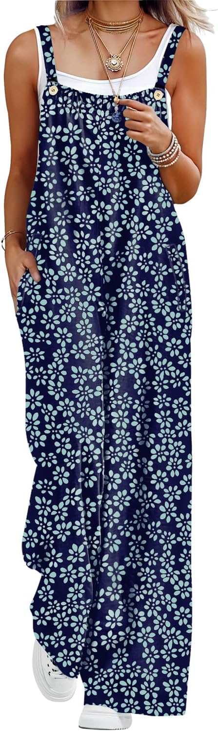 YESNO Casual Wide Leg Jumpsuits for women Summer Boho Bib Pants Overalls Floral Print Pleated Rompers with Pockets PZL