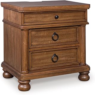 Signature Design by Ashley Chadworth Traditional Nightstand with 3 Drawers, USB-A and USB-C Charging, Metal Knobs, Wood, 27" W x 18.13" D x 27.38" H, Brown