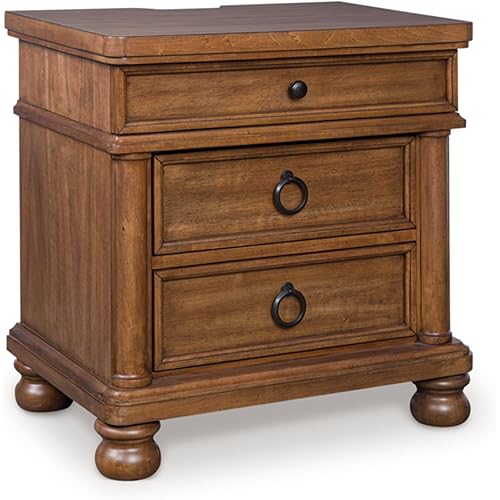 Signature Design by Ashley Chadworth Traditional Nightstand with 3 Drawers, USB-A and USB-C Charging, Metal Knobs, Wood, 27" W x 18.13" D x 27.38" H, Brown