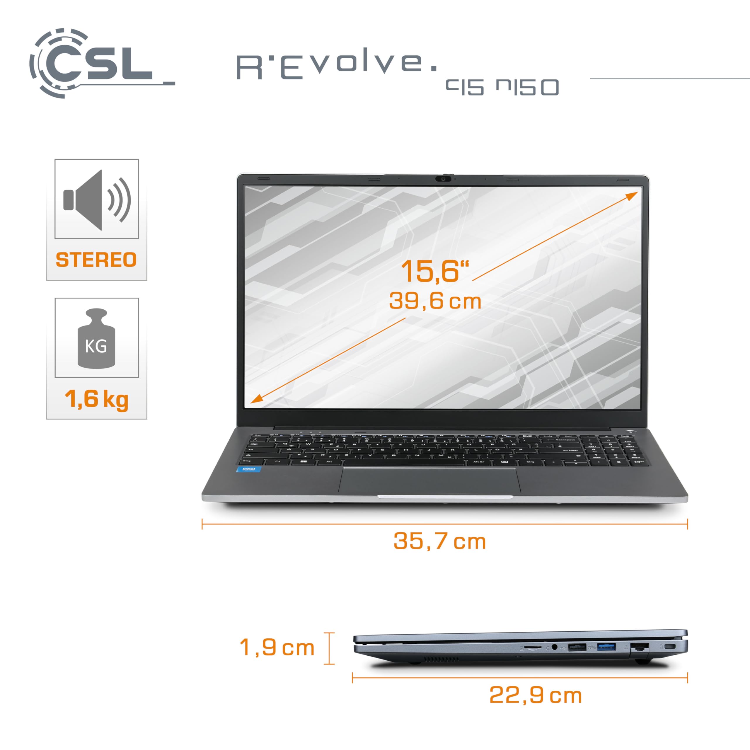 Notebook CSL R'Evolve C15 v4 Windows 11 Home - Ultra-Slim Laptop, 15,6 Zoll Display FHD 1920x1080 IPS, Intel N150 CPU 4x3600 MHz Turbotakt, 1000 GB M.2 SSD, 16 GB DDR4-RAM, USB 3.2, BT 5.1, AC WLAN