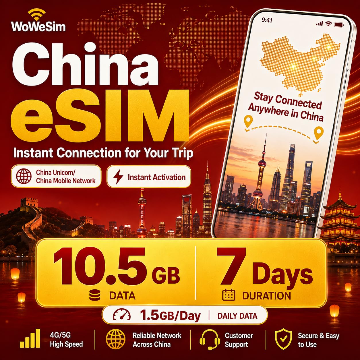 China eSIM 10.5GB - 7 Days 5G LTE Hotspot No Physical SIM