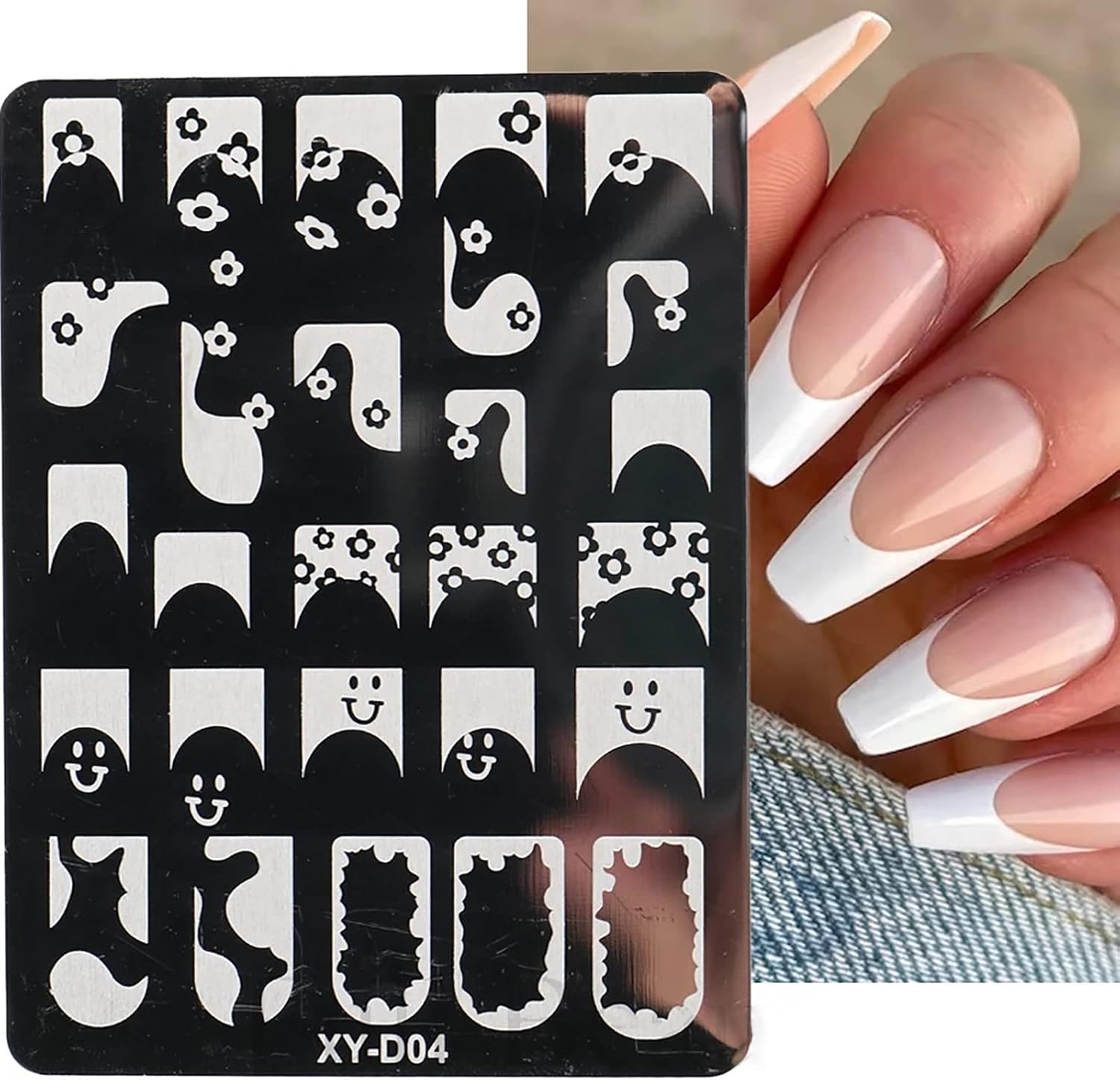 6Pcs Nail Art Stamping Templates Set with French Line Flowers Leaves Smiley Heart Design Stamping Kits DIY Printing Tools Fashion Decoration for Women and Girls