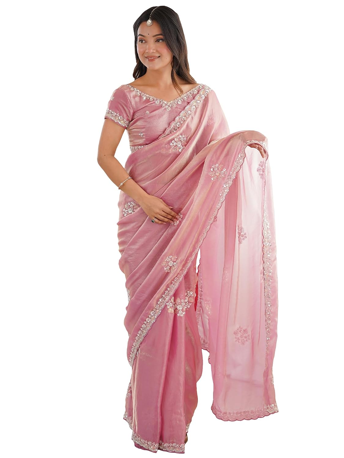 AKHILAM Women's Shimmer Satin Embroidered Saree With Unstitched Blouse Piece (AARYAN23301_KR_Parent) - Review, Price and Buying Guide