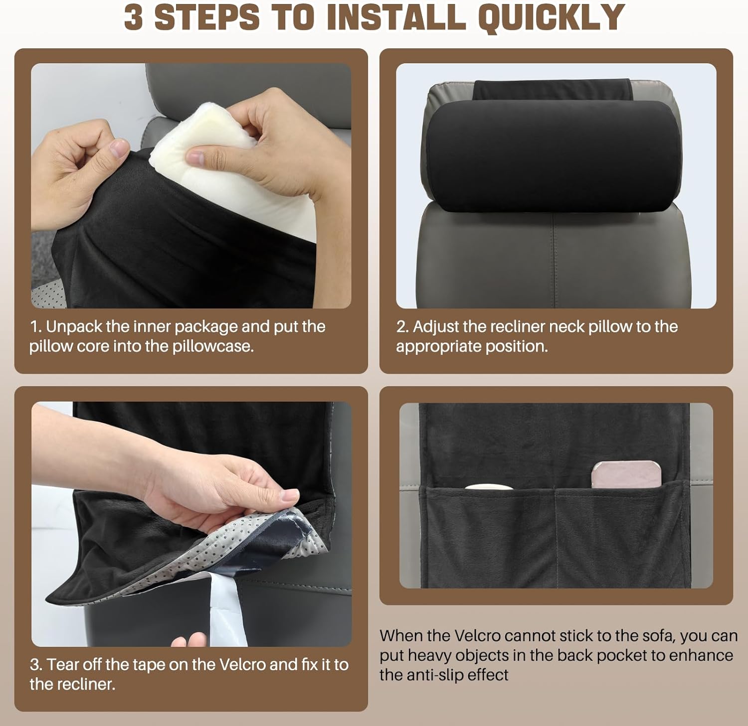 Neck Pillow for Recliner,Soft Velvet Non-Slip Recliner Pillow for Recliner, Couch, Chair, Sofa,Neck Support Pillow for Chair for Neck Pain Relief and Neck Support（Black） - Image 3