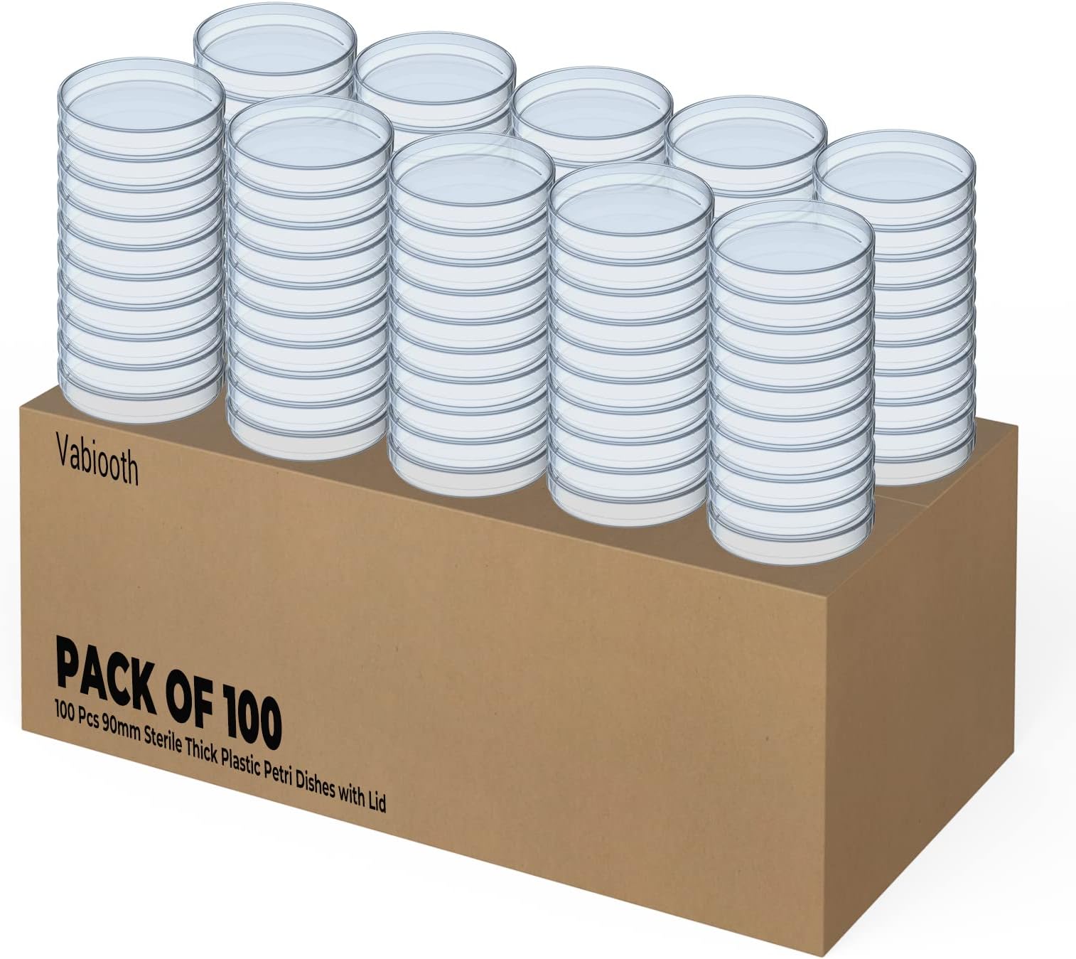 100 Packs Sterile Thick Plastic Petri Dishes with Lid, Vabiooth 90mm Dia x 15mm Deep Clear 3 Vents Petri Dish for Lab Science Experiment