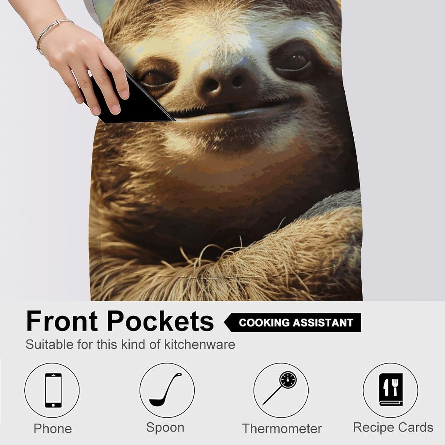 Adjustable Fit Apron for Men Women with Pockets Funny Sloth Printed Kitchen Aprons for Cooking Cute Personalized Bib