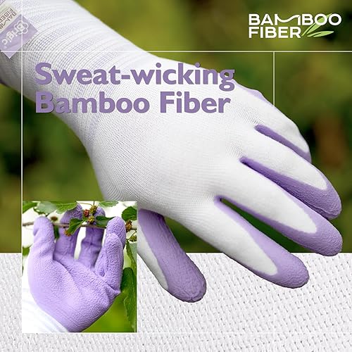 Miniatura 3 de Brigic Guantes de jardinería de bambú, con revestimiento de goma transpirable, táctiles, guantes de trabajo al aire libre para mujer, verde y morado