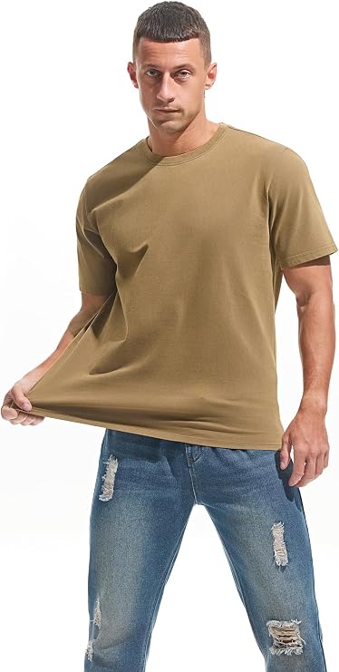 VEIISAR Men's Heavy Weight Crew Neck 100% Cotton T-Shirt - 250g/m2 Thick Distressed Washed T-Shirts for Men