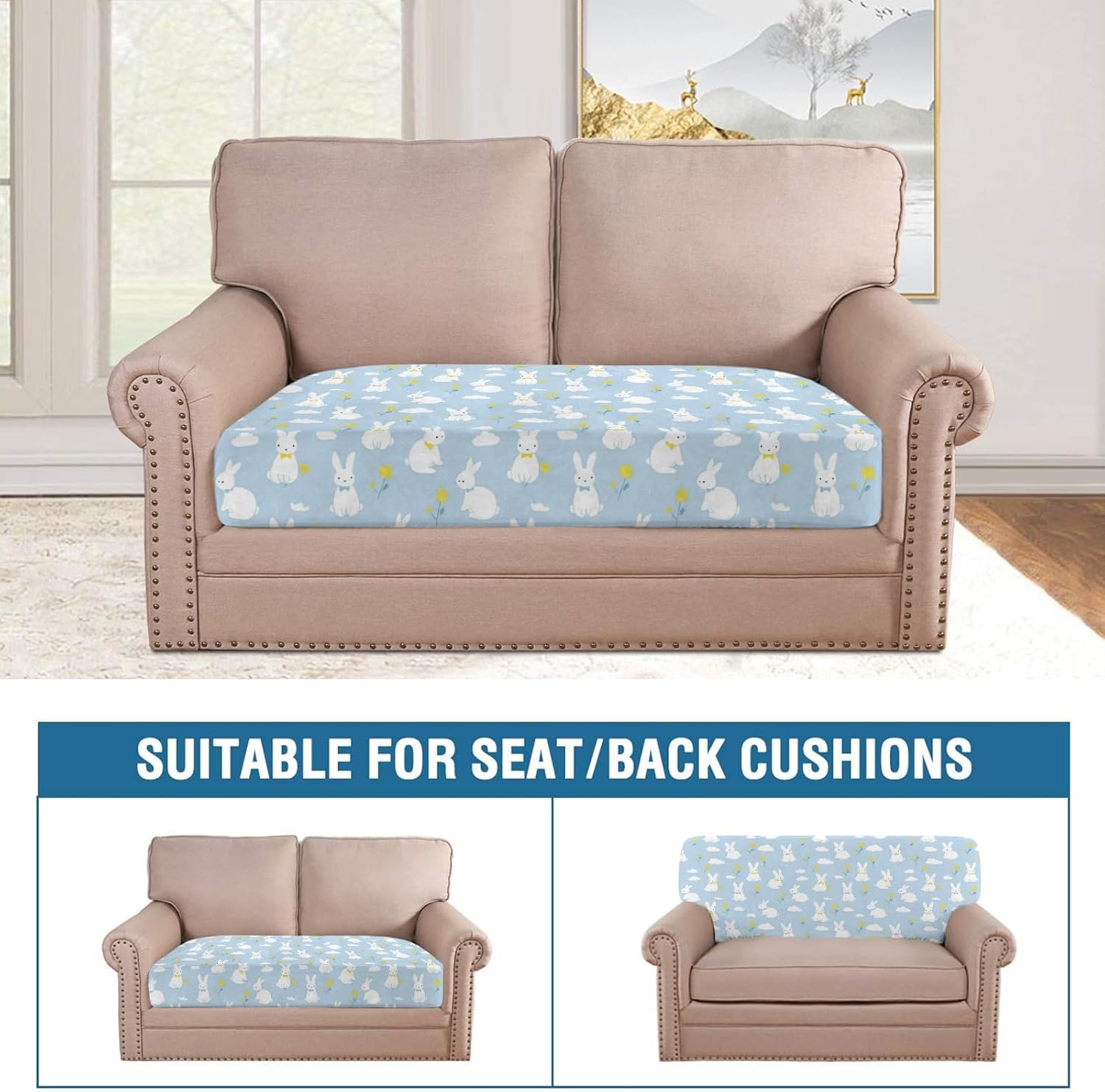 Bunny Cloud Blue Loveseat Covers Couch Covers for 2 Cushion Couch, 2-Piece Stretch Sofa Slipcovers Anti-Slip Washable Furniture Protectors for Dogs Pets