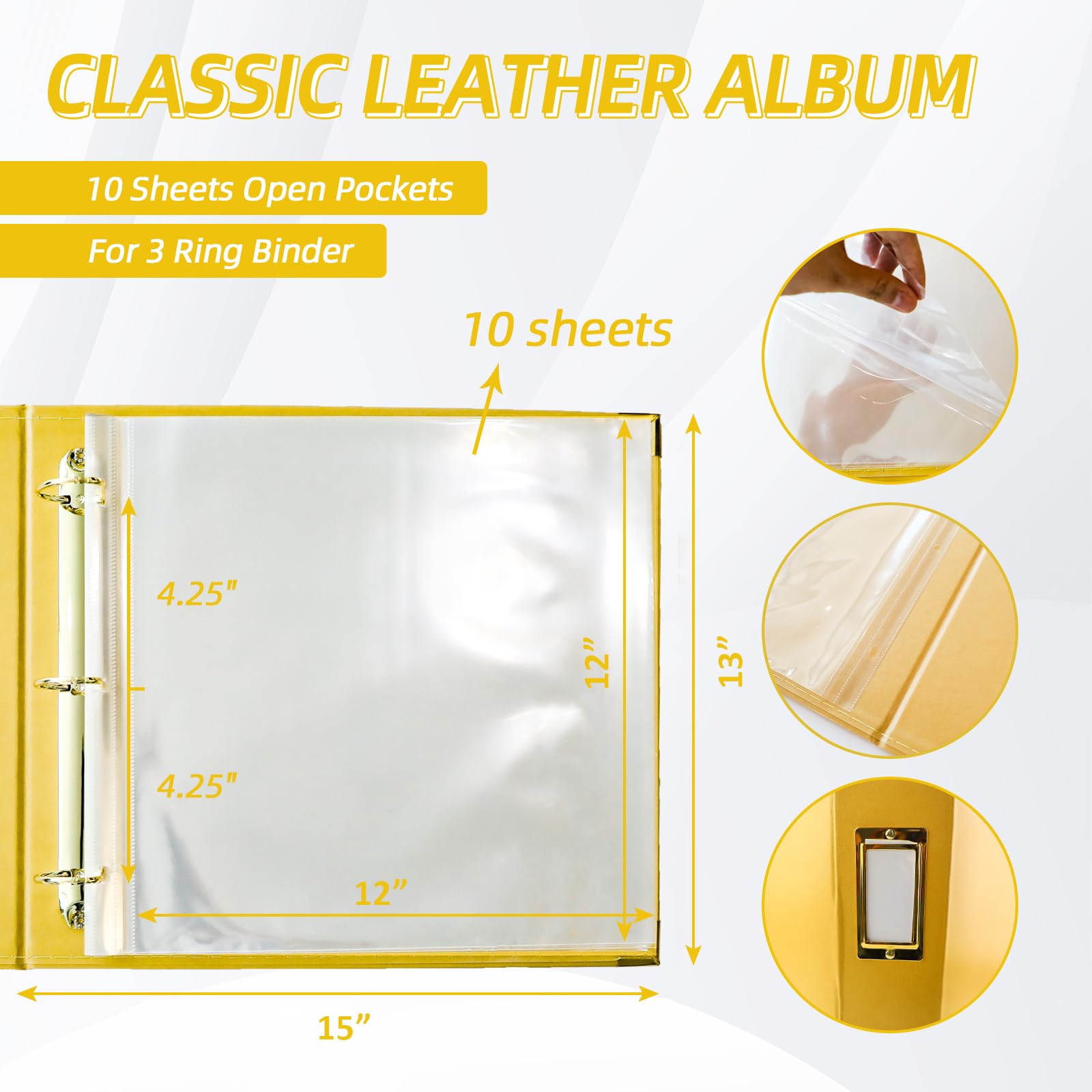 Álbum de fotos de 12 x 12 pulgadas, carpeta de 3 anillas, cubierta de piel, álbum de recortes de 12 x 12 pulgadas, anillo en D con 10 fundas de plástico, color amarillo