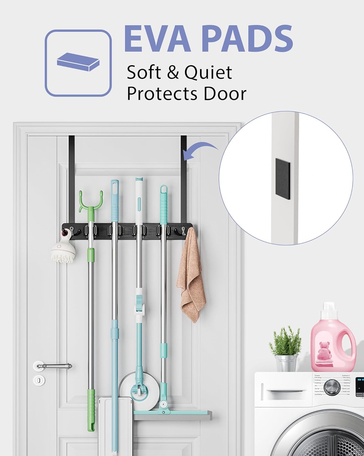 FANGSUN Broom Holder Door Mount Hanging, Over The Door Broom and Mop Organizer with 4 Slots and 4 Hooks, Wooden Tool Rack Storage Hanger for Laundry, Closet, Garage, No Drills