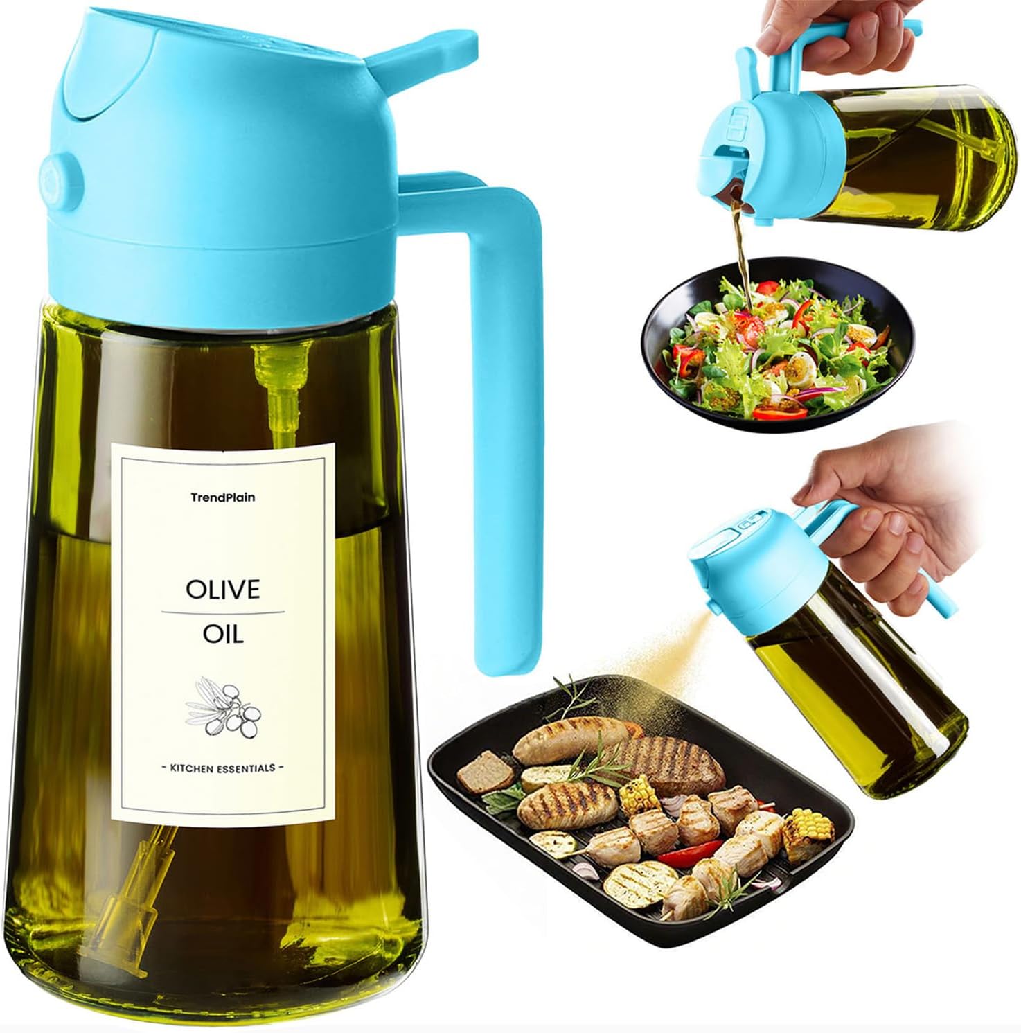 TrendPlain - Original 16oz/470ml Olive Oil Dispenser Bottle for Kitchen Gadgets and Air Fryer Accessories - Olive Oil Sprayer for Cooking w/Stickers - Sky Blue