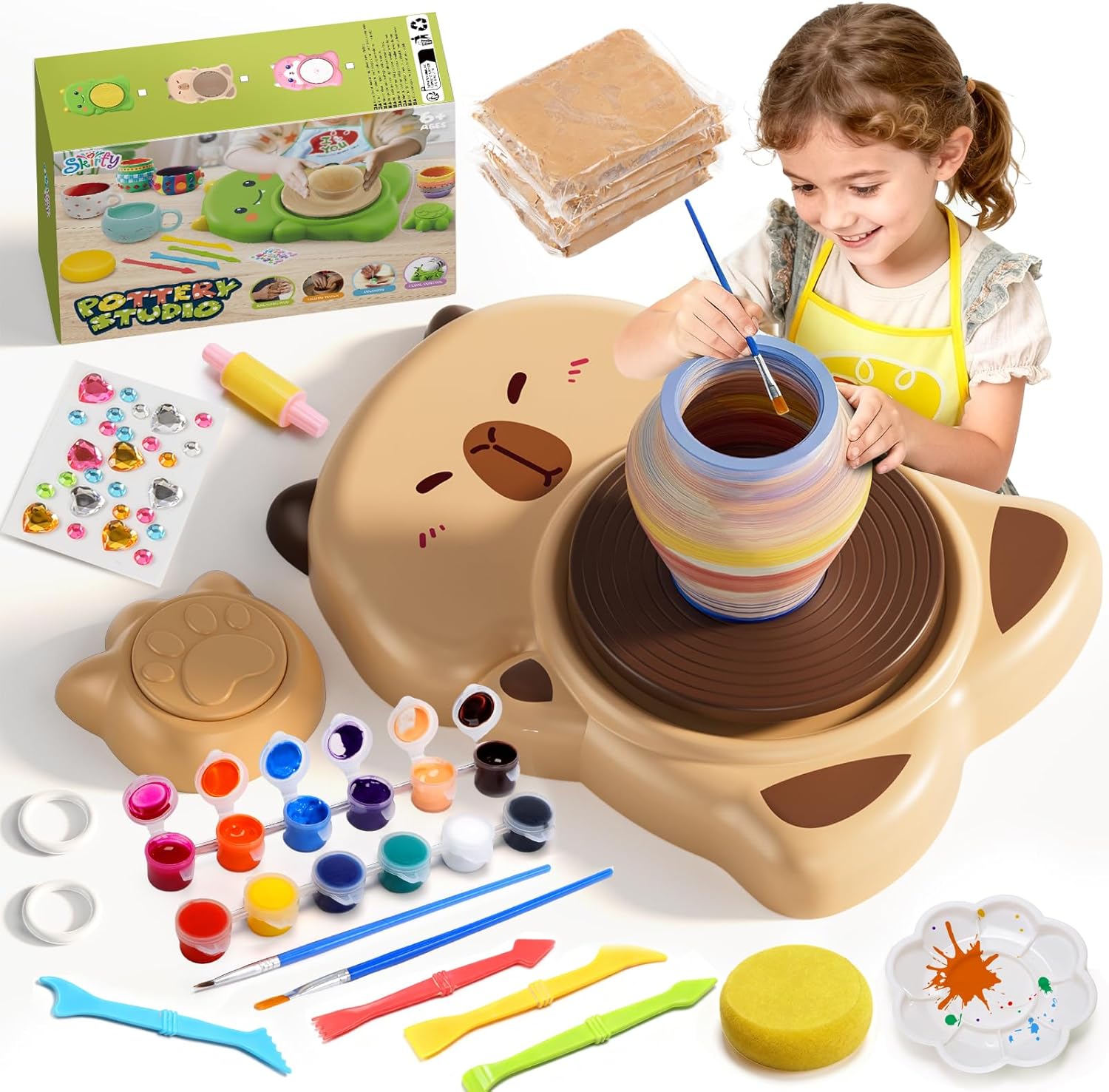 Skirfy Mini Pottery Wheel Machine Kit for Beginners Kids with Light,Electric Ceramic Wheel with Foot Pedal&Painting Kit, Adjustable Speed,Clay Spinner DIY Tools for Art Craft Birthday (Brown)