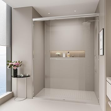 56-60" W x 72" H Double Sliding Shower Door, Semi-Frameless Tempered Glass with Explosion-Proof Film, Adjustable Bypass Door for Walk-in Showers, Chrome