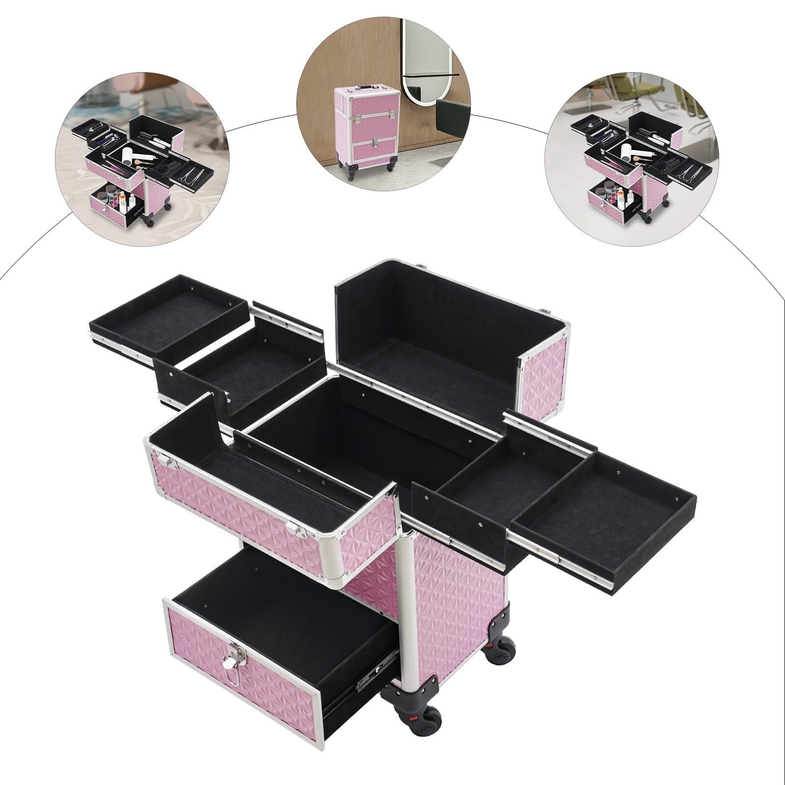 Uroda Profesjonalny Wózek Do Makijażu, Aluminiowy, Kosmetyczny, Z Szufladami, 4-kołowy, Fryzjerski, Walizka Wózek(Pink)