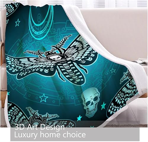 Miniatura 3 de BlessLiving Manta Sherpa con patrón de polilla muerta con estrellas, mariposa y calavera, manta de forro polar suave, 50 x 60 pulgadas, tamaño verde