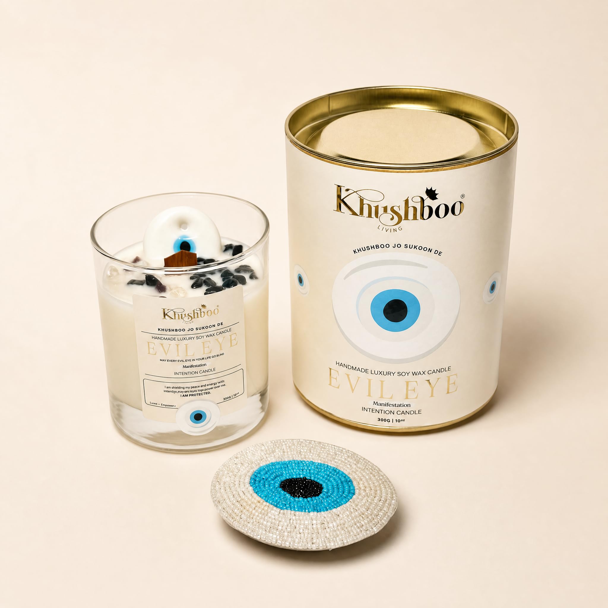 Evil Eye Scented Candle with Real Gemstones – 100% Soy Wax | Manifest Your Dreams | Spiritual Aromatherapy, Home Decor & Gifting, with Coaster (450g) (Lemon + Rosemary, White Evil Eye)
