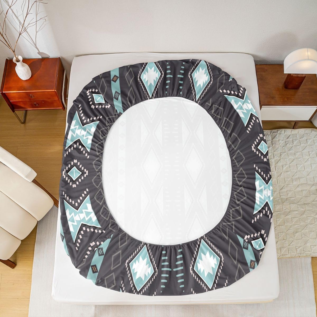 Erosebridal Bohemian Fitted Sheet Boho Aztec Striped Sheet Set for Teens Boys,Tribe Geometric Triangle Bed Sheets Mexican Style Flat Sheet Bohemian Style Room Decor Queen,Southwestern Decor