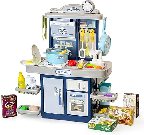 Juego de accesorios de cocina para niños pequeños, estufa de cocina con sonidos y luces realistas, fregadero de simulación con agua corriente, juego