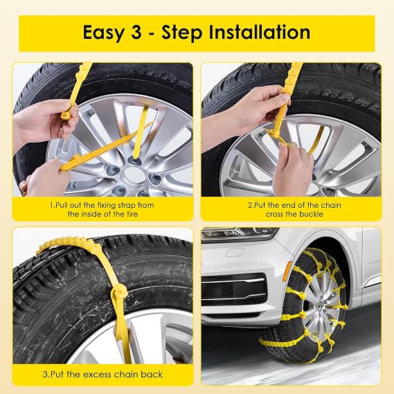 Qoosea Snow Chains 12 Pack Tire Chains for Car Trucks SUVUniversal Thickened Manganese Steel Emergency Snow Tire Chains Adjustable Anti-Slip Tire Cables Universal Fit (Yellow)