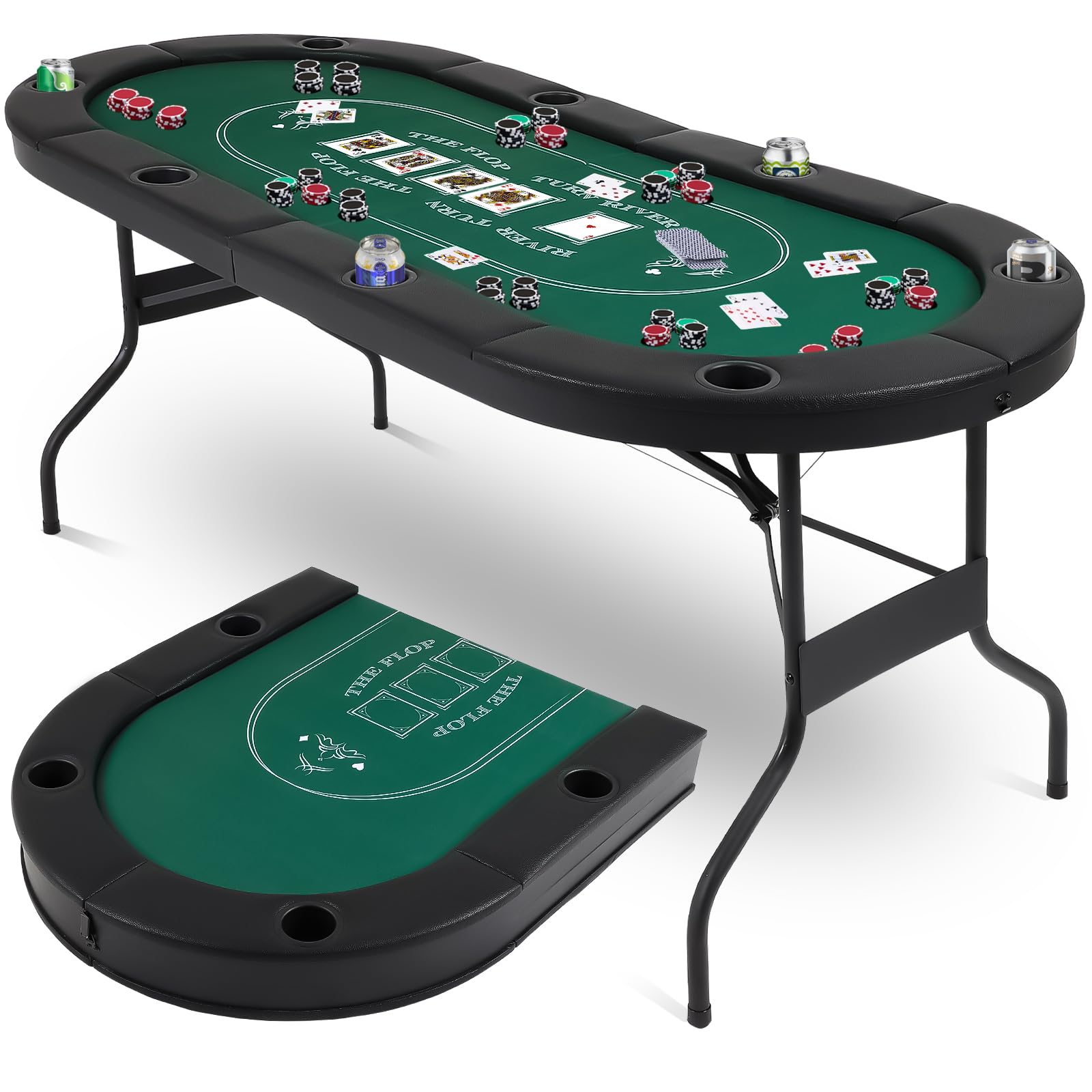 Poker Table Foldable, 8 Player Folding Poker Table, 72 Inch Texas Holdem Poker Tables, Portable Game Table with Cup Holders, Green