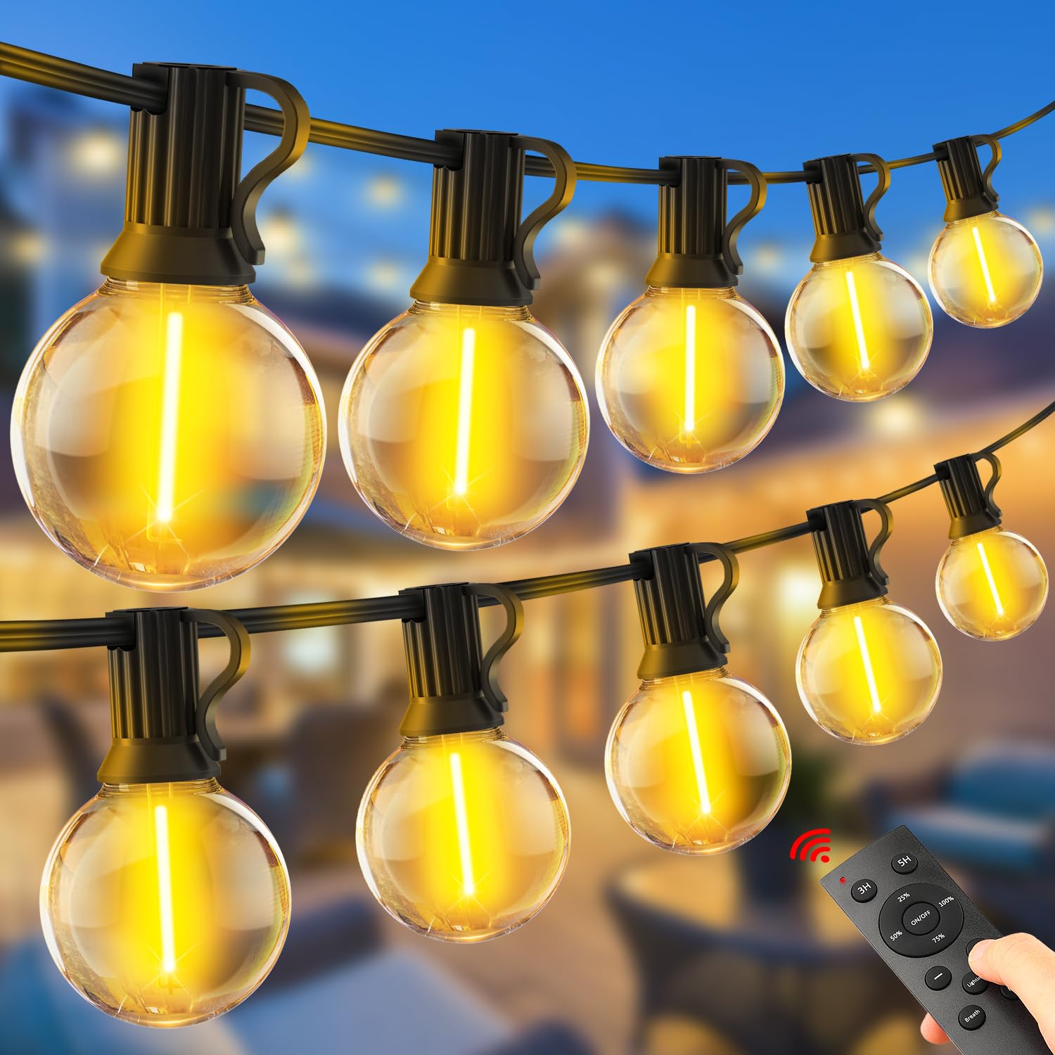 100ft Lichterkette Außen LED G40 Strom Beleuchtung mit Fernbedienung 30m Aussen Outdoor String Lights Lichterketten Glühbirnen IP44 für Garden Pavillon mit Wetterfest Glühbirne Balkon Terrasse Party