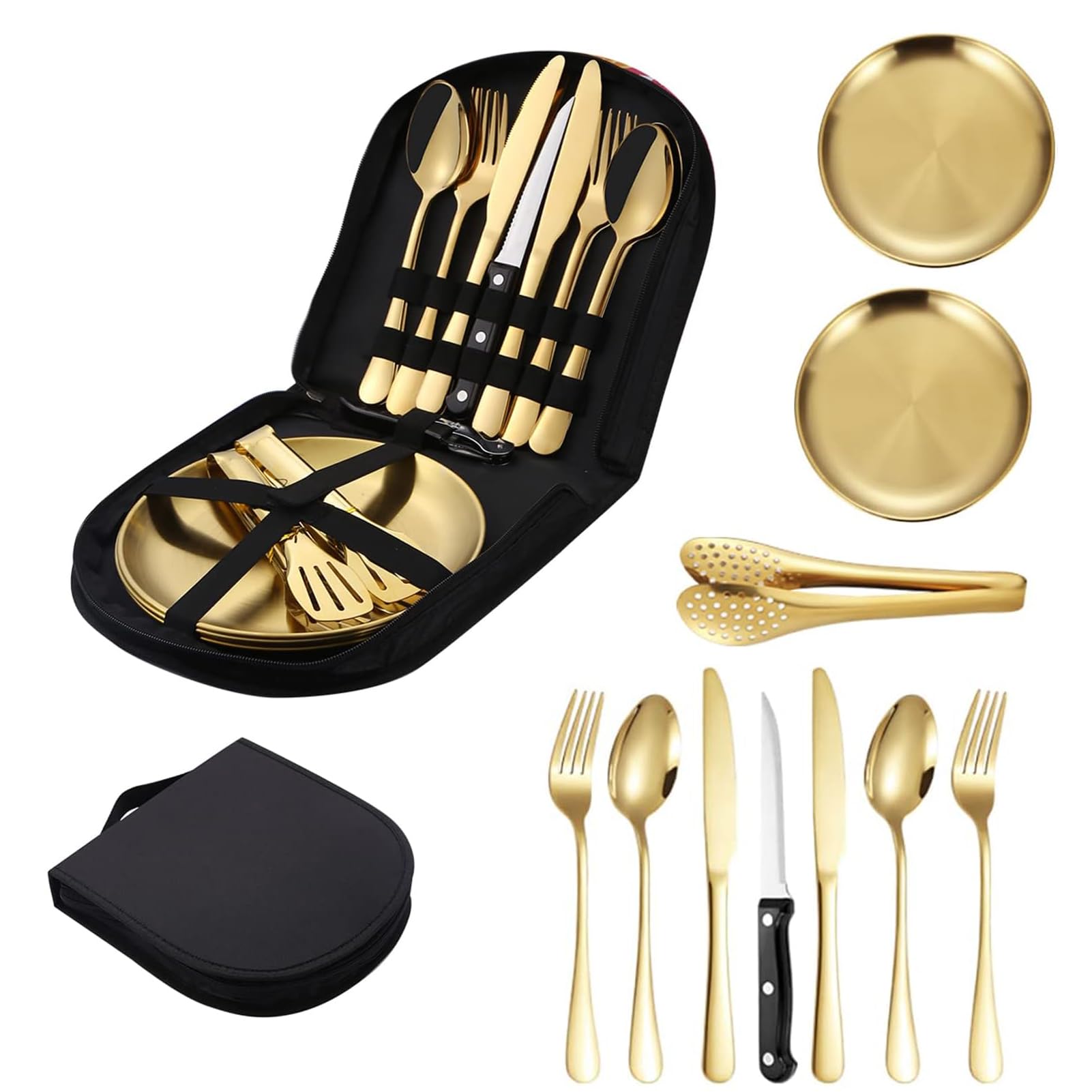 U-HOOME Outdoor Picnic Tableware, Stainless Steel Tableware Set for Camping and Picnics - Portable 10 Piece Kit with Knife, Fork, Spoon, Plate, and Steak Clip for Hiking and Camp Kitchen (Gold)