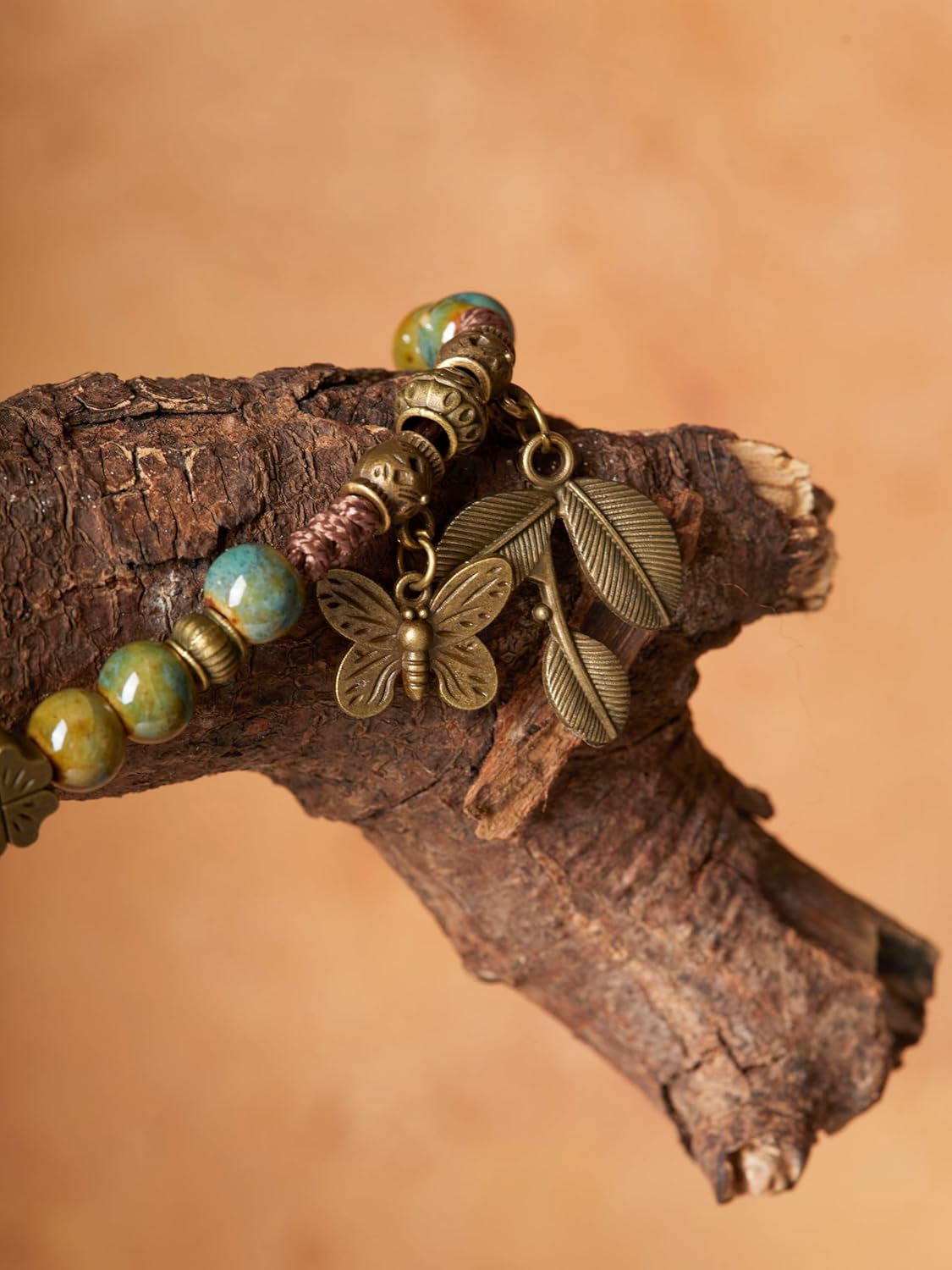 MINACHI Ceramic Beads Long Necklace, Turquoise-Toned Beads with Floral Charms, Butterfly and Leaves Pendant, Bohemian Vintage Chunky Costume Jewelry for Women - Image 7