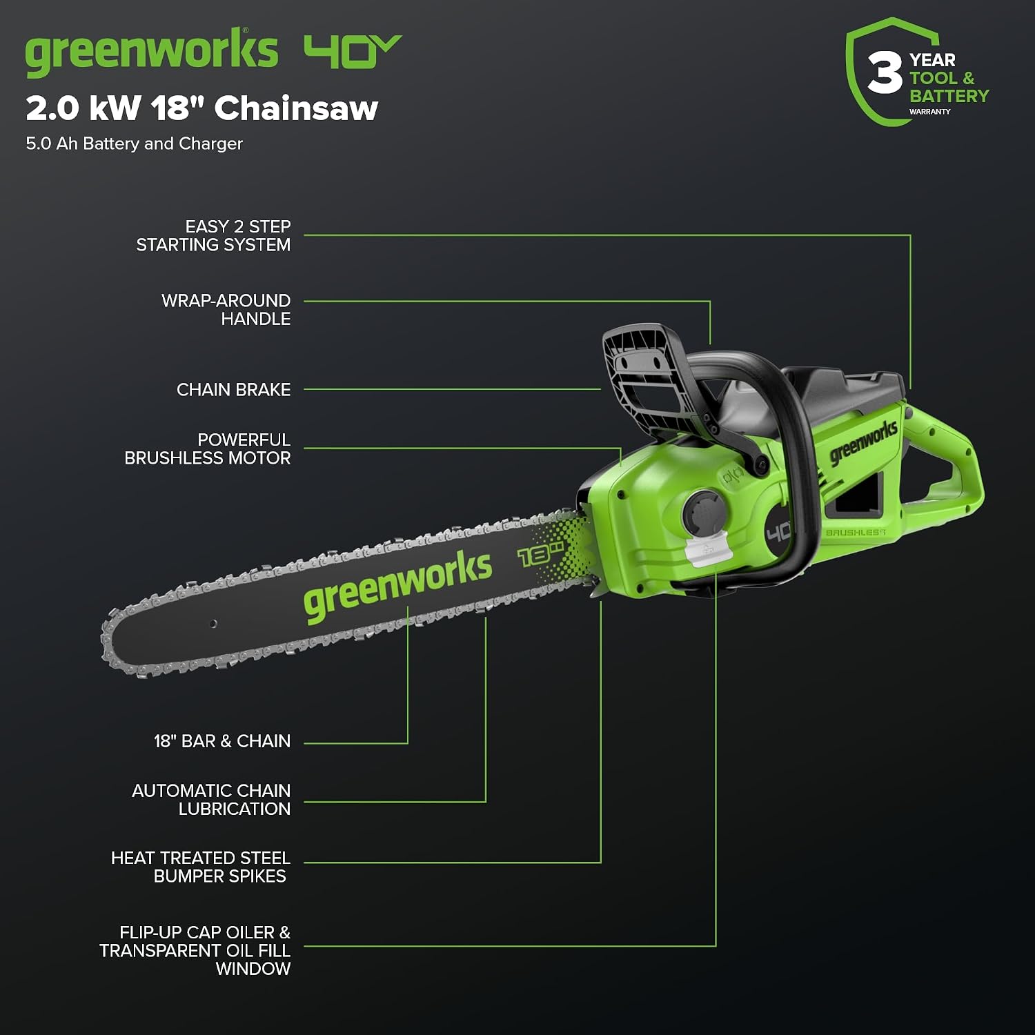 Greenworks 40V 18" Brushless Cordless Chainsaw, 5.0Ah Battery and Charger Included