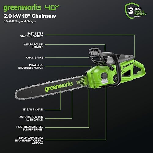 Miniatura 9 de Greenworks Motosierra inalámbrica sin escobillas de 40 V y 18 pulgadas (ideal para tala de árboles, ramas, poda y leña, más de 60 herramientas