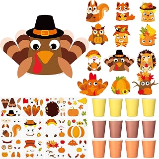 12 Set Thanksgiving Craft Kits Make Your Own Animal Cups Paper Turkey Squirrel Owl Pumpkin DIY Arts and Crafts for Thanksgiving Fall Home Activities Party Decoration