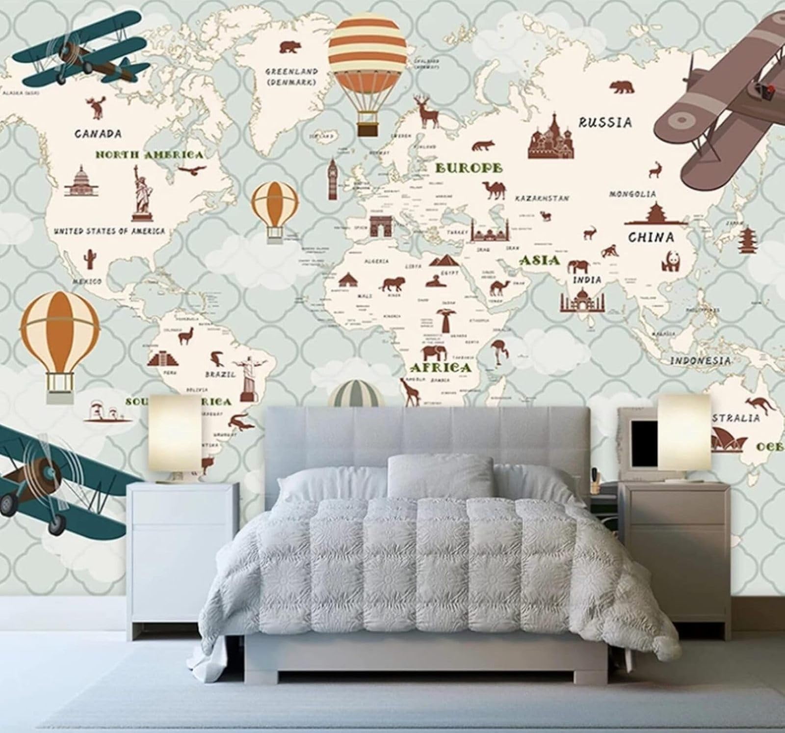 Wallpaper-3D-Xlm 430Cm×300Cm(B×H) Cartoons Animals Aeroplanes Hot Air Balloons World Map 3D Wallpaper Easy Install Feature Office Living Room Sofa Bedroom Tv Background Wall Decoration-430Cm×300Cm