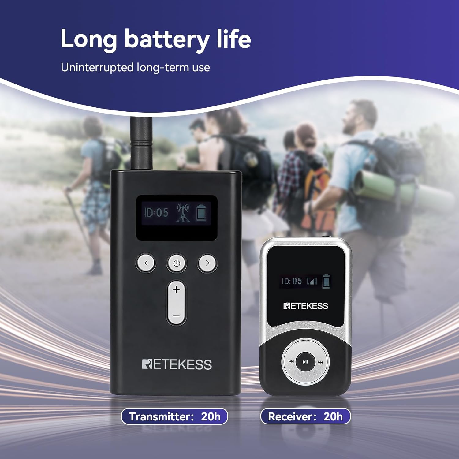 Retekess T130S transmitter and T131S receiver showing long battery life