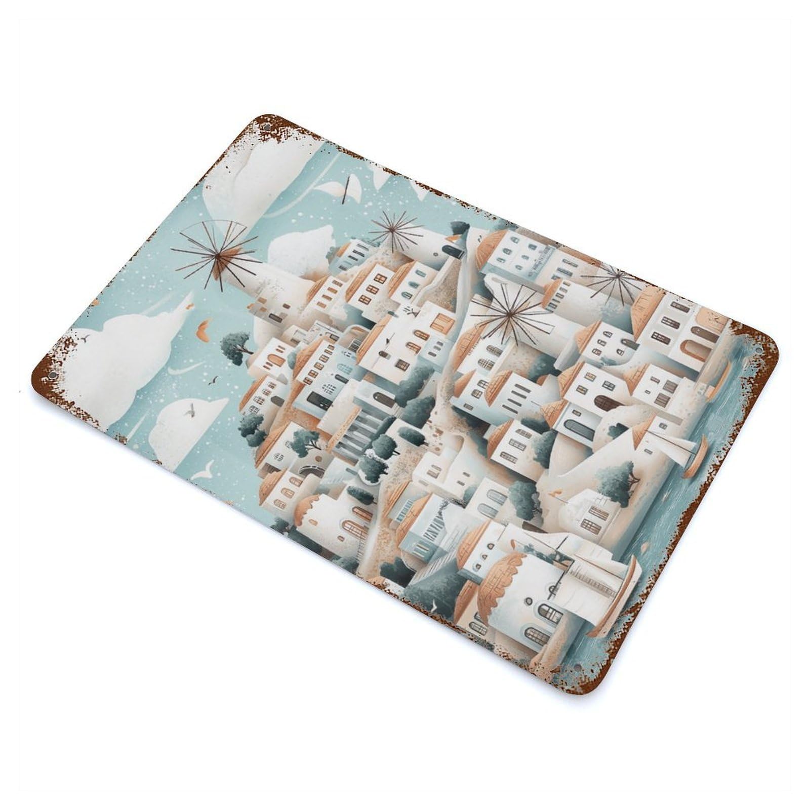Aegean Village with Windmills Rustic Tin Plaque 11.8"x7.9", Ideal for Shed, Workshop And Garage Wall Decor