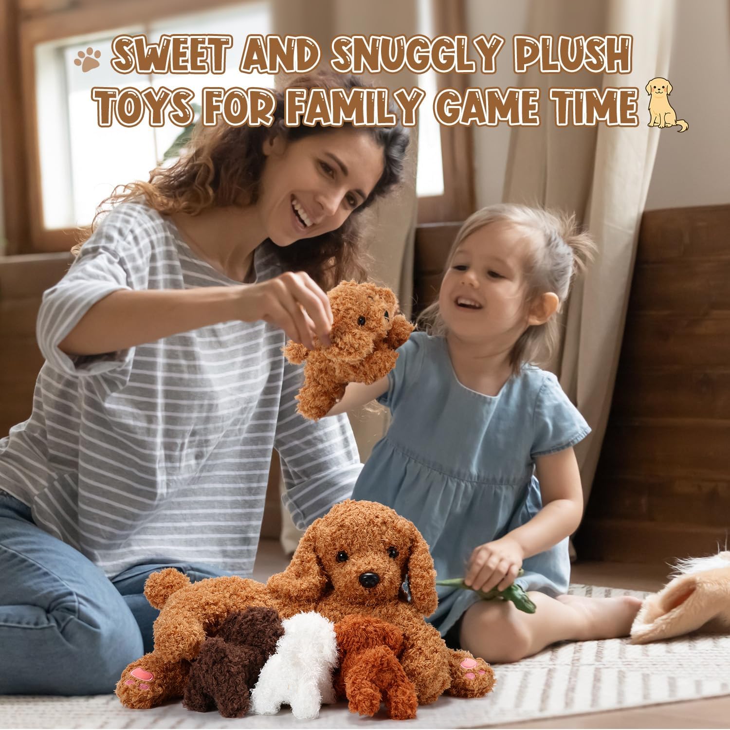 Honoson Nurturing Dog Mommy Plush Set with 4 Baby Puppies Soft Cute Dog Themed Stuffed Plush Toys for Kids Girls Boys Easter Birthday Gifts(Curly)