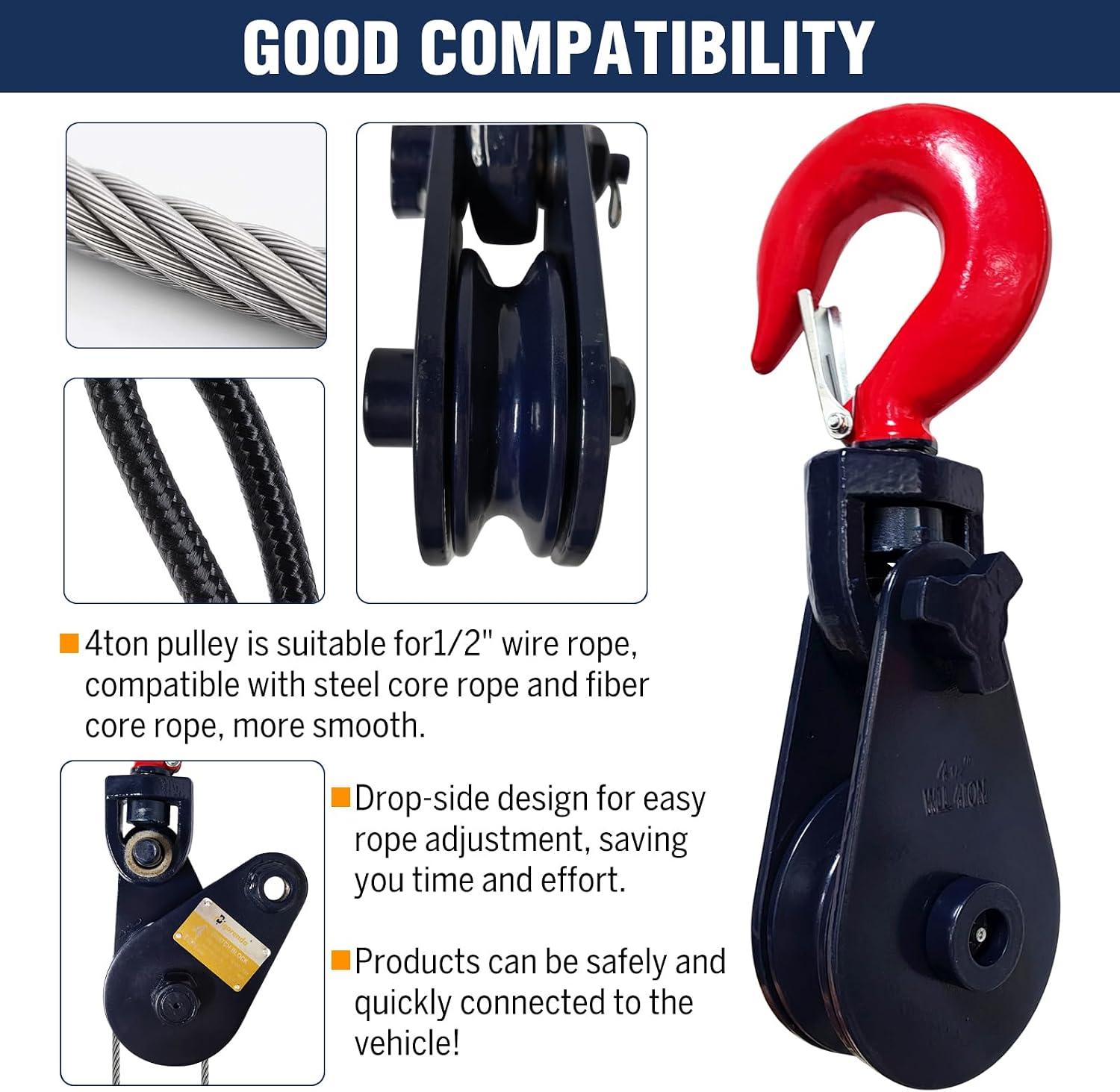 2 Ton Snatch Block with Hook, 3" Sheave for 3/8" Wire Rope, 4400lbs Snatch Block Pulley for Car Hauler Rollback Wrecker, Tow Truck Winch Accessories (2PCS)
