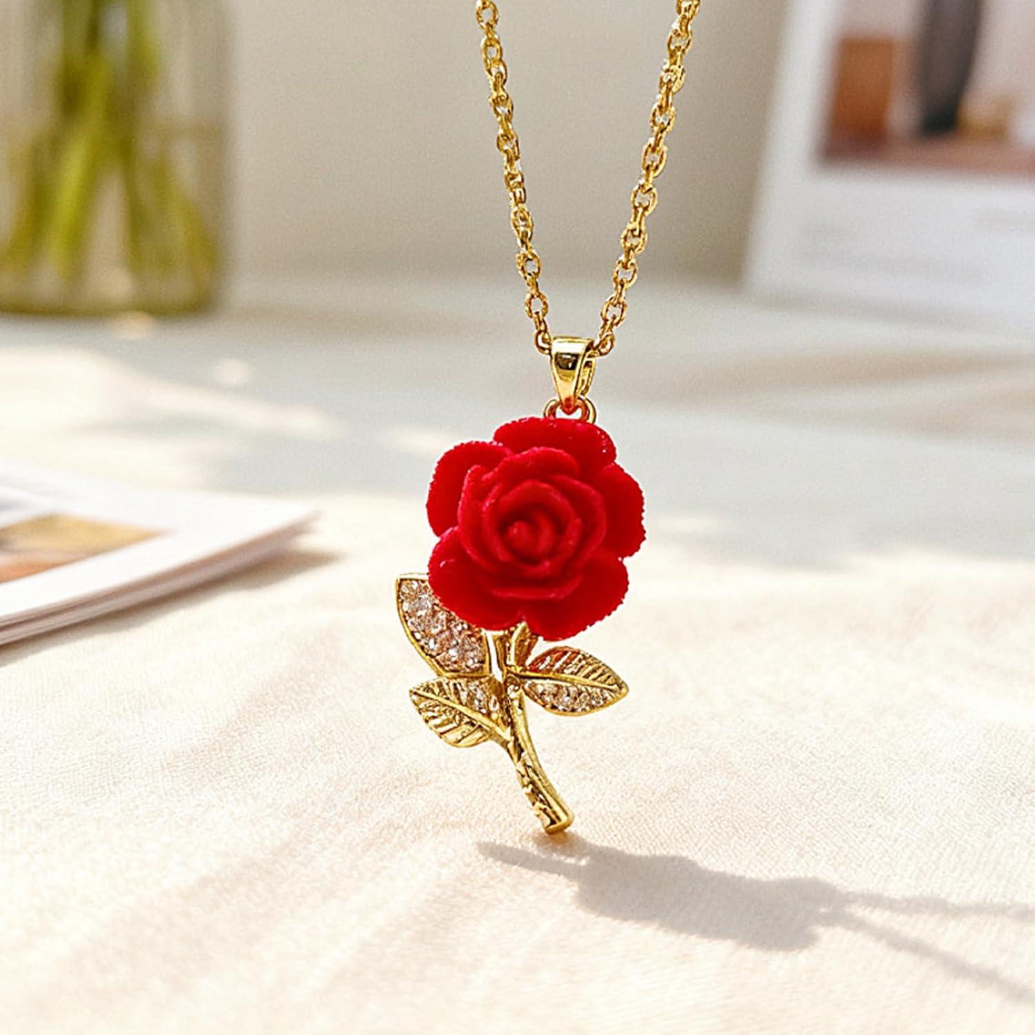 Red Rose Necklace for Women Gold Flower Pendant Necklace Romantic Jewelry Valentines Day Gifts for Her Trendy Accessory - Image 5