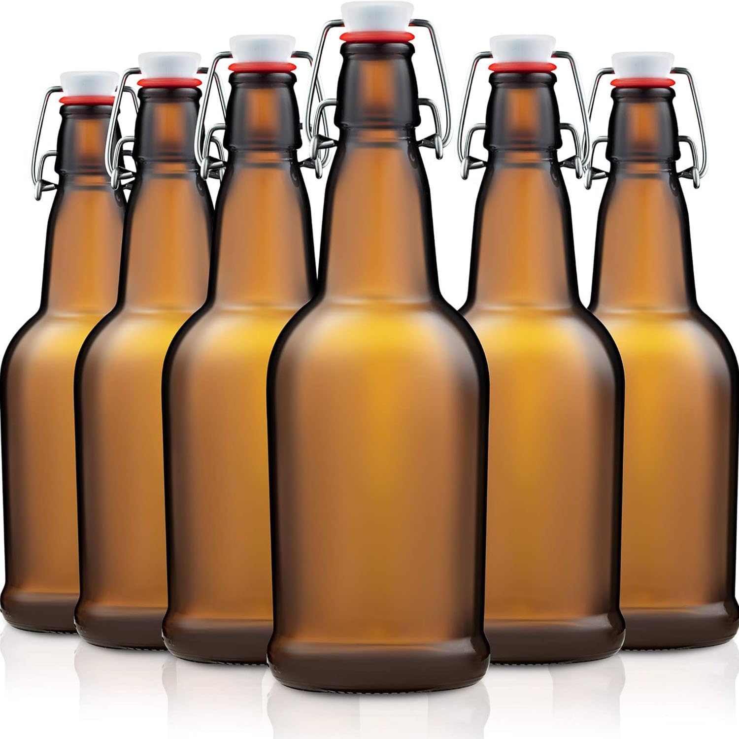 Lot de 6 bouteilles en verre avec bouchon basculant, brassage de bière avec bouchons hermétiques pour vin, condiments, boissons, huile, vinaigre, kombucha et eau, 474 ml, ambre